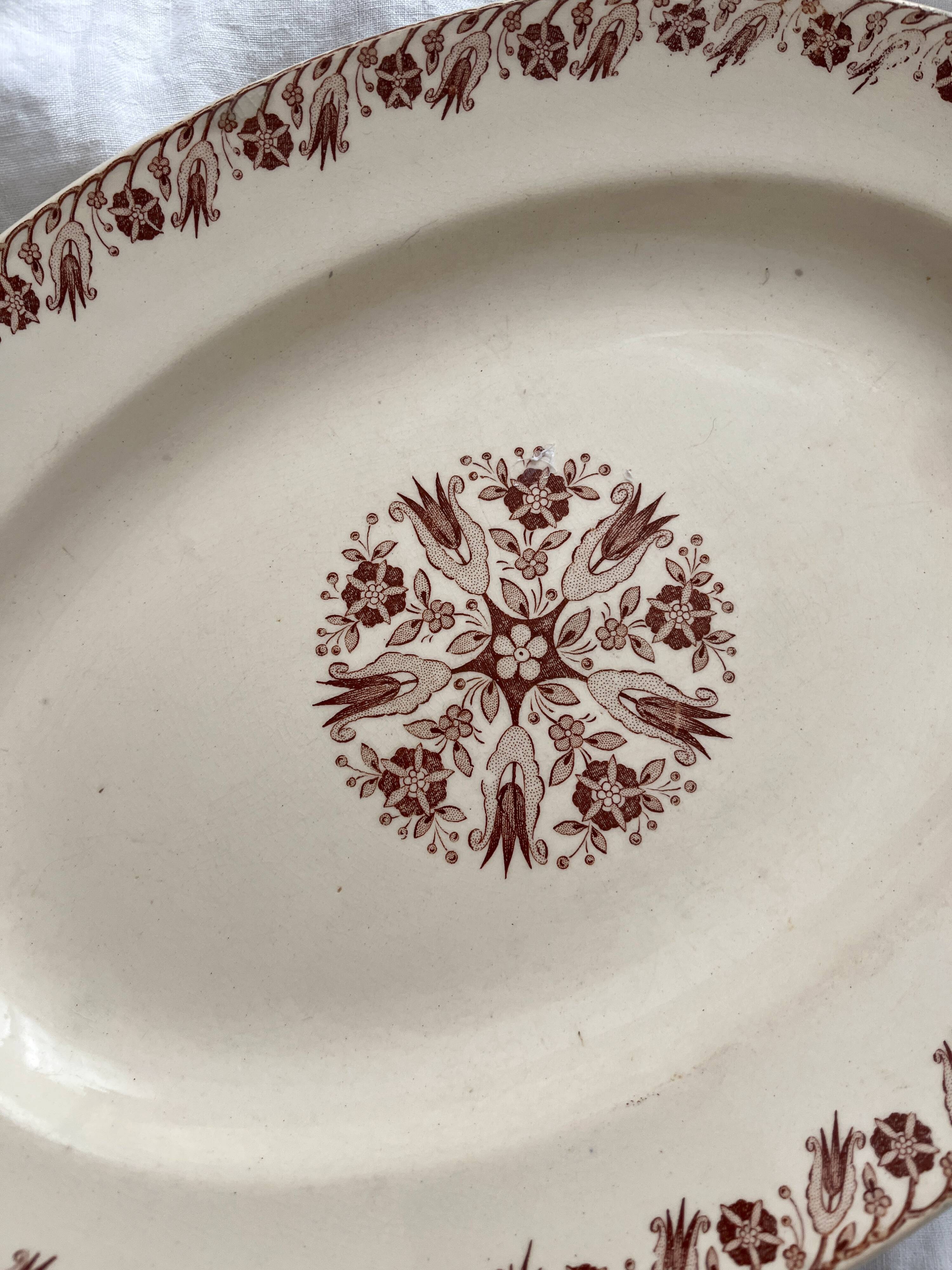 Oval ironstone dish with brown geometric decoration KG Lunéville