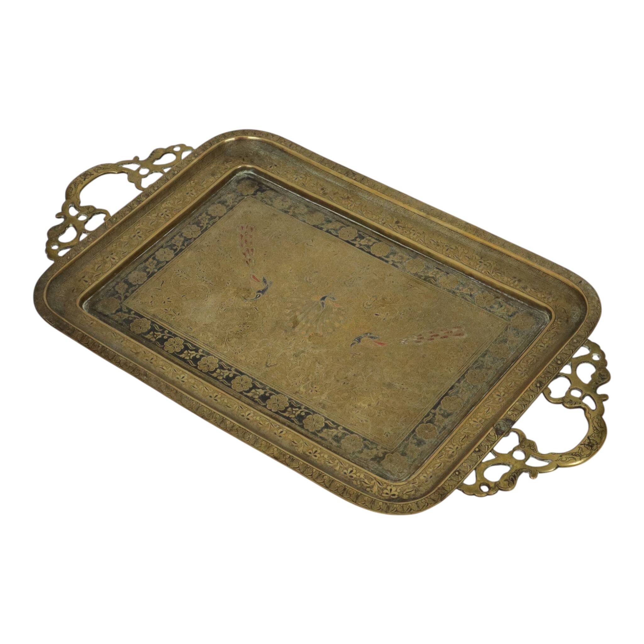 Vintage Oriental Brass Tray Peacock Decoration