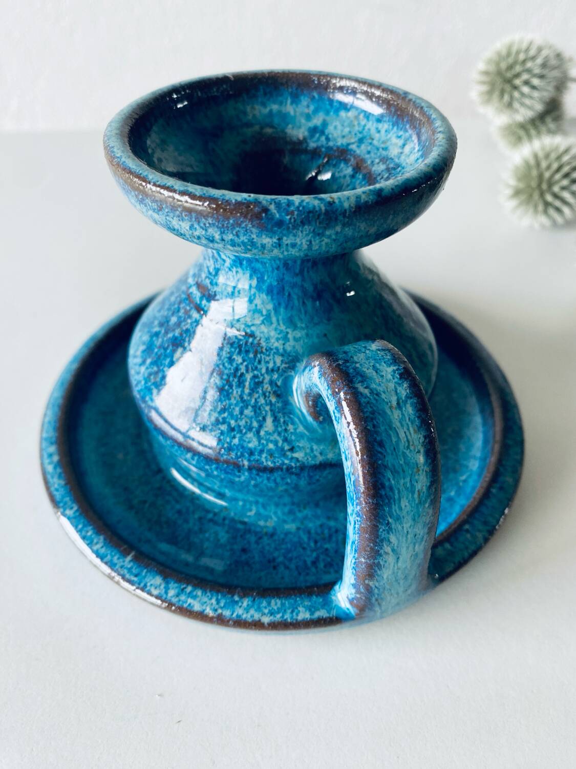 Candle holder in enamelled and signed stoneware