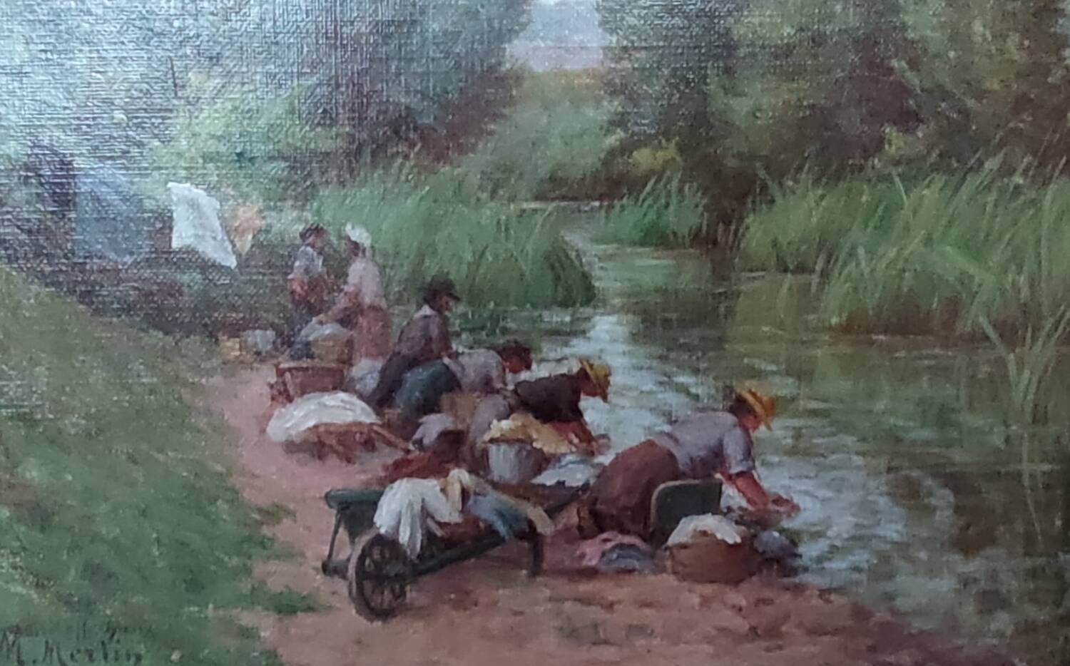 Old Canvas Oil Painting/Scene Of Life/The Washerwomen/Signed M.Merlin
