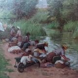 Old Canvas Oil Painting/Scene Of Life/The Washerwomen/Signed M.Merlin