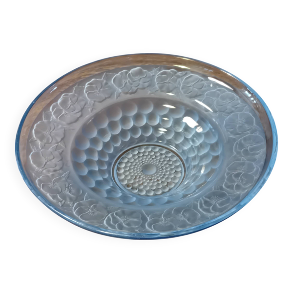 Coupe centre de table Art Déco en verre bleu à décor de pensées - 30 cm
