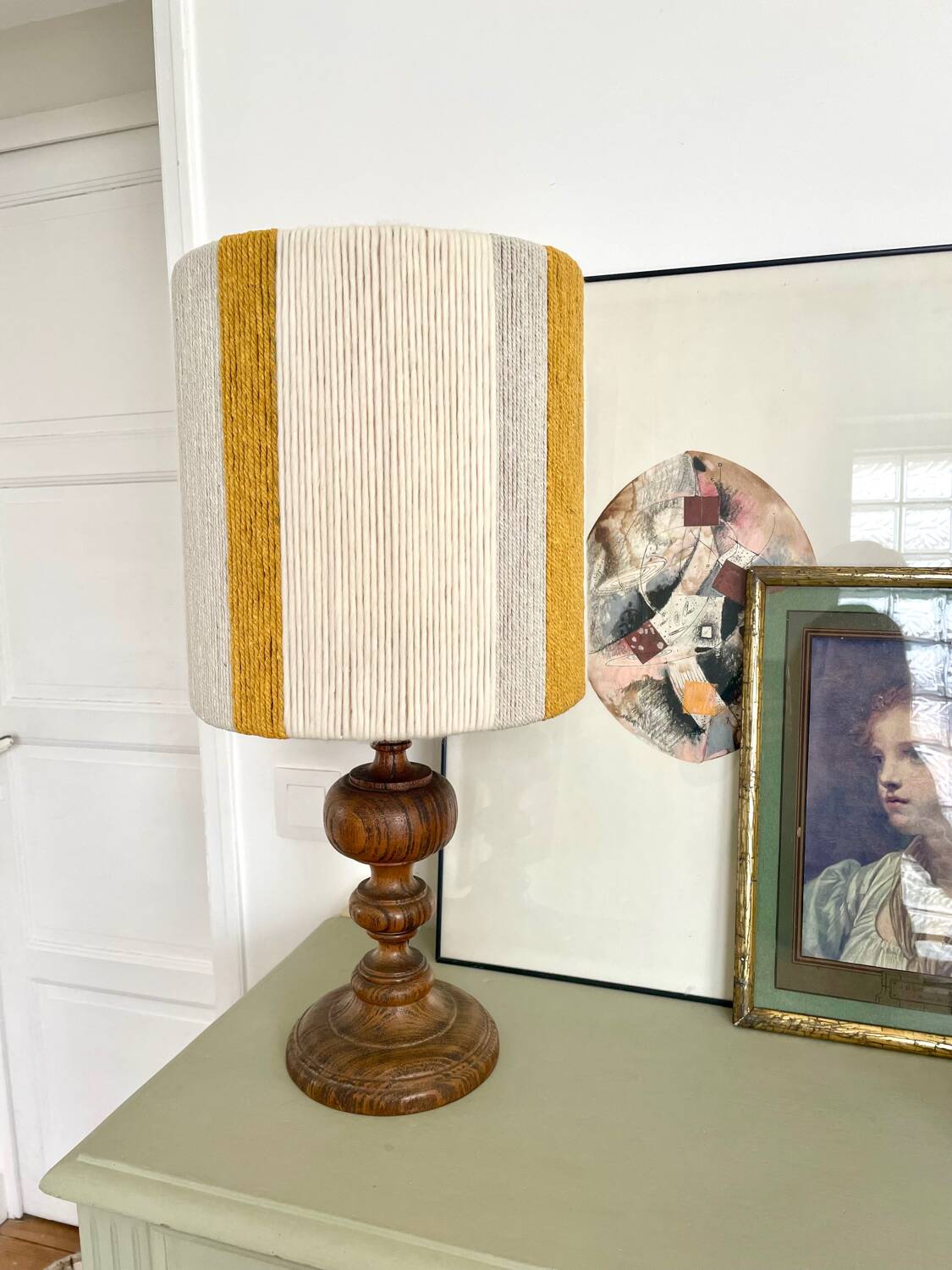 Large vintage lamp with turned wooden base, wool and rope striped lampshade