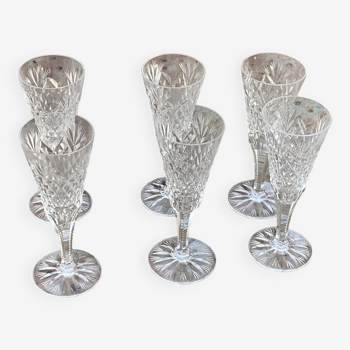 6 champagne flutes in glass and transparent crystal, antique chiseled