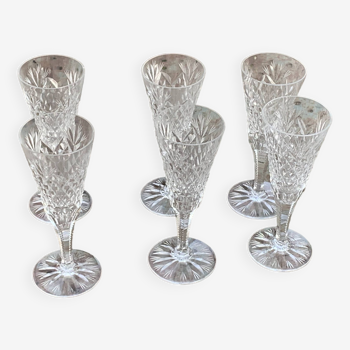 6 flutes a champagne en verre et cristal transparent, ciselées anciennes