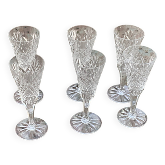 6 champagne flutes in glass and transparent crystal, antique chiseled