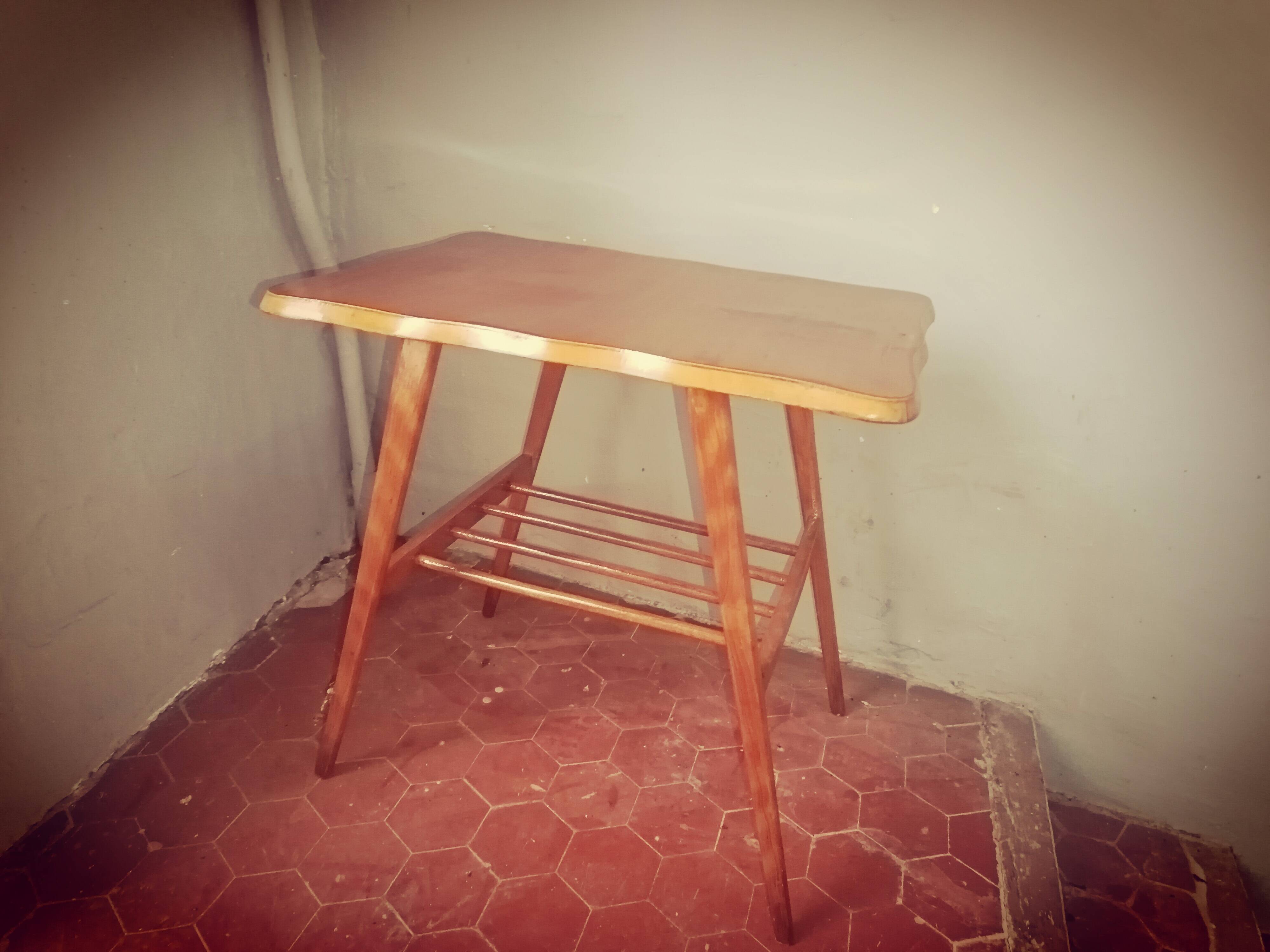 Scandinavian table with compass legs + magazine rack.
