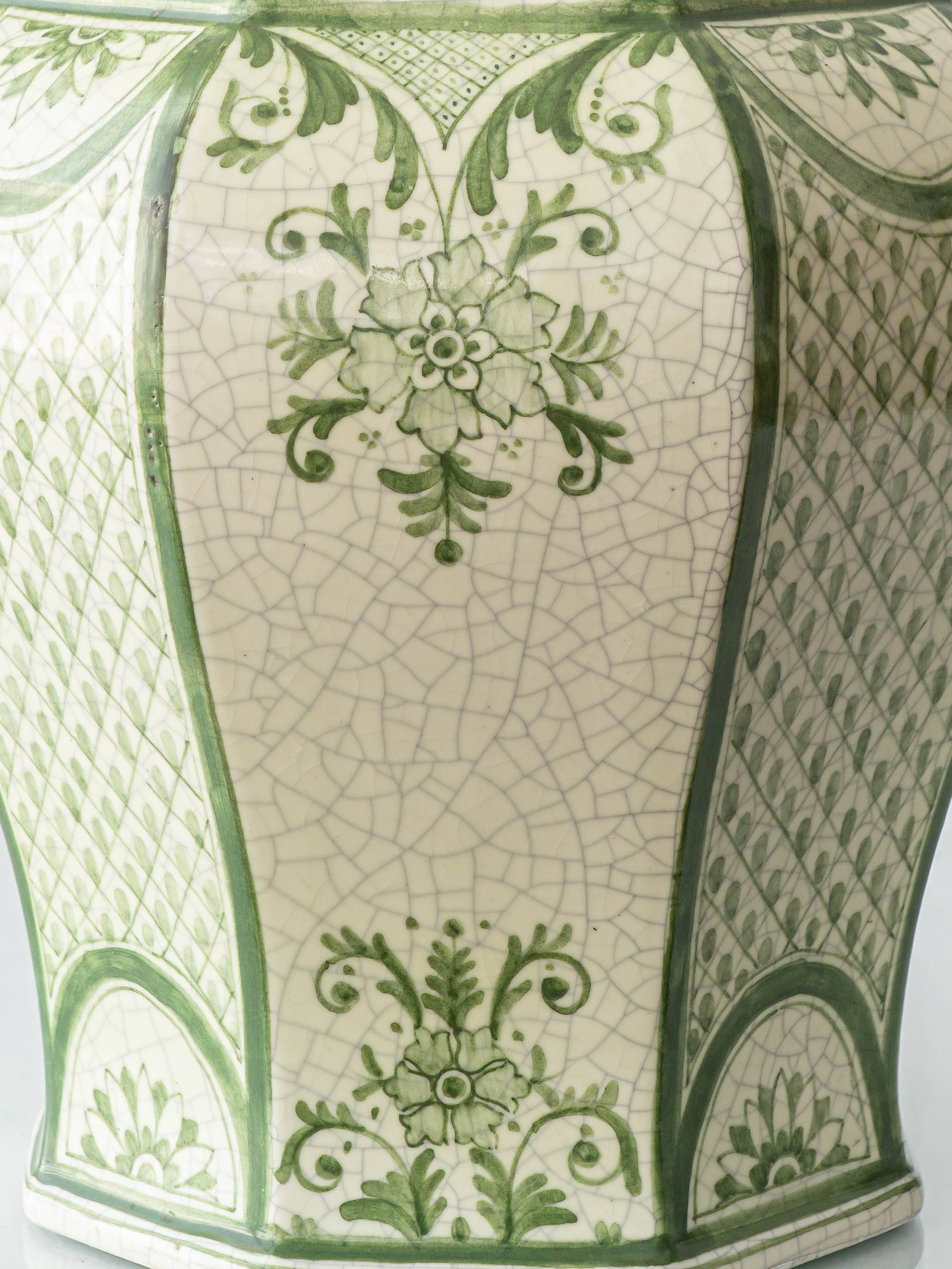 Spanish Revival Table Lamp in Green Ivory Crackle Ceramic, New Linen Shade
