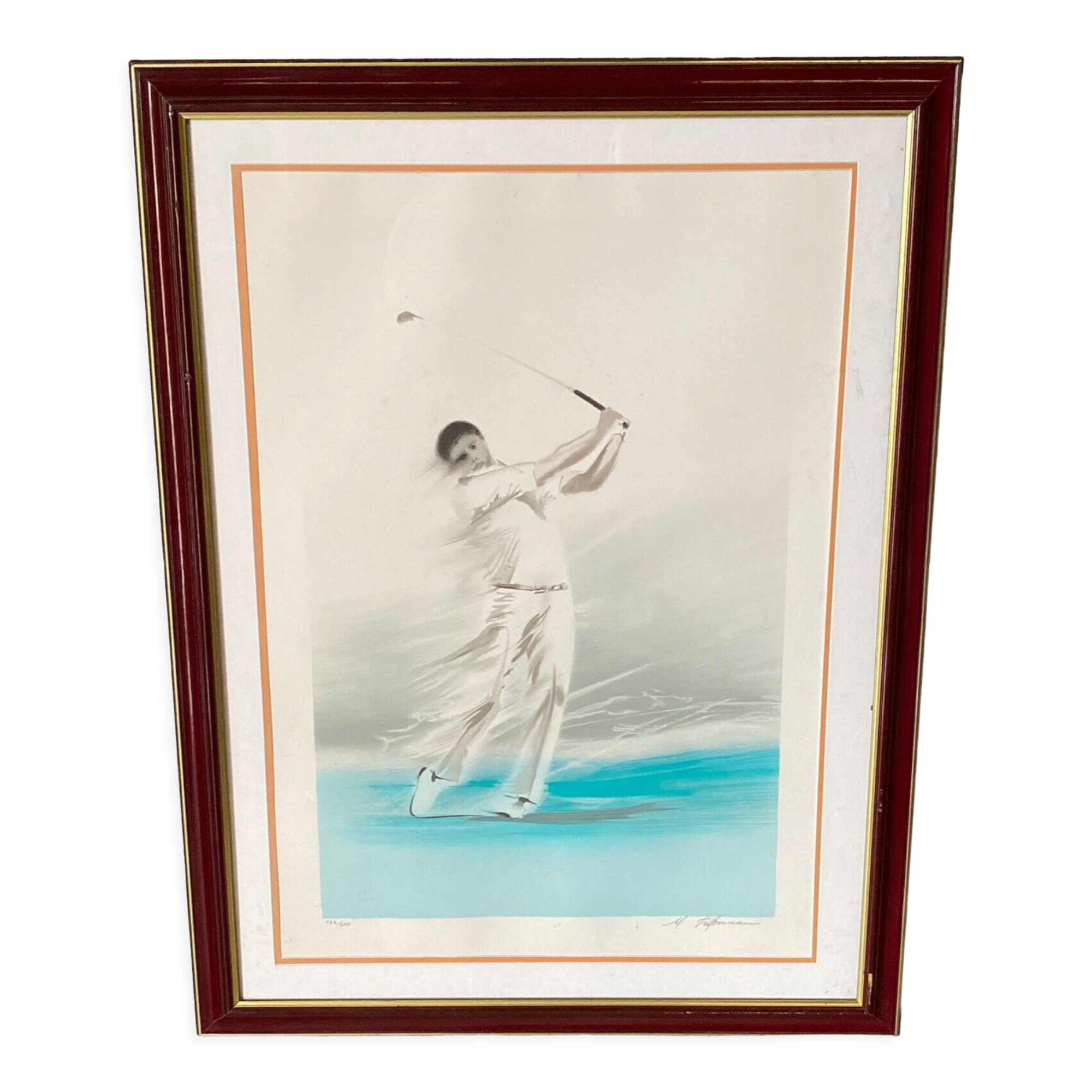Lithograph Maurice Fillonneau Golfer 144/600 Aqua-Blues Certificate