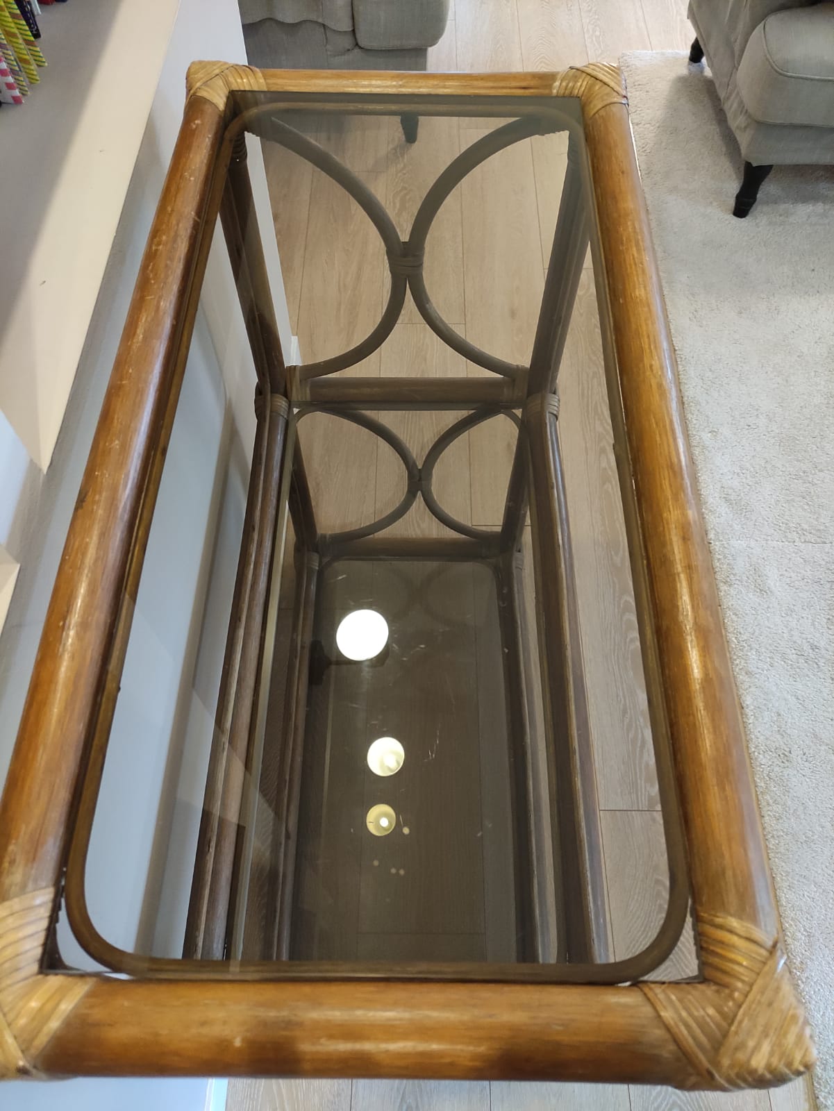 Rattan bookcase shelf and vintage smoked glass