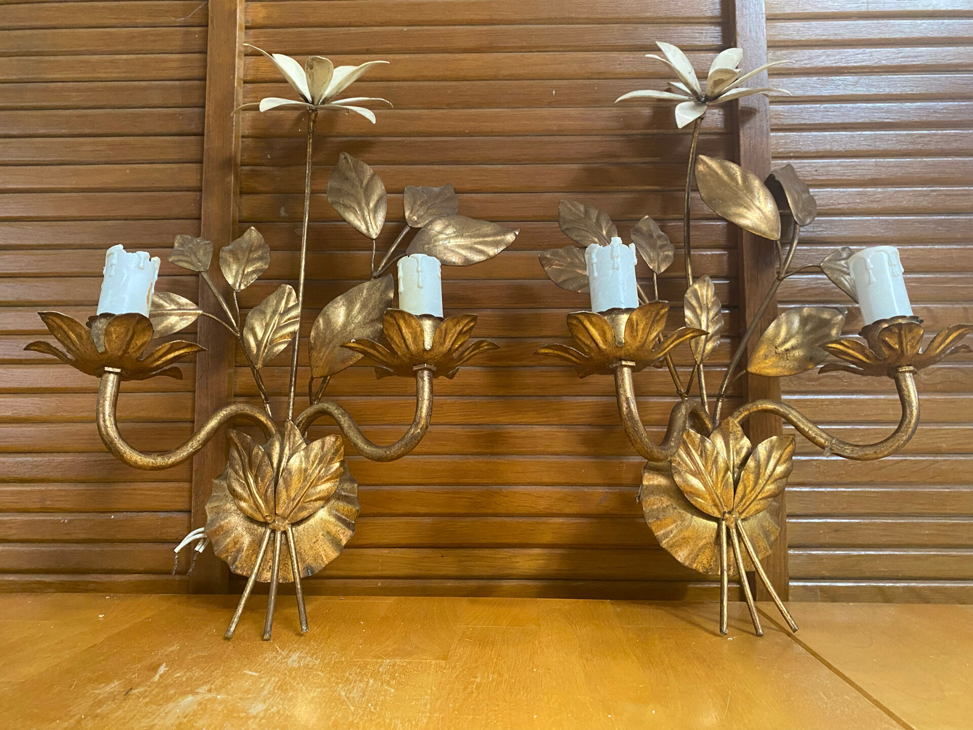 Vintage Lustre + 2 MASCA Wall Lights Hollywood Regency Gold Metal 70s It