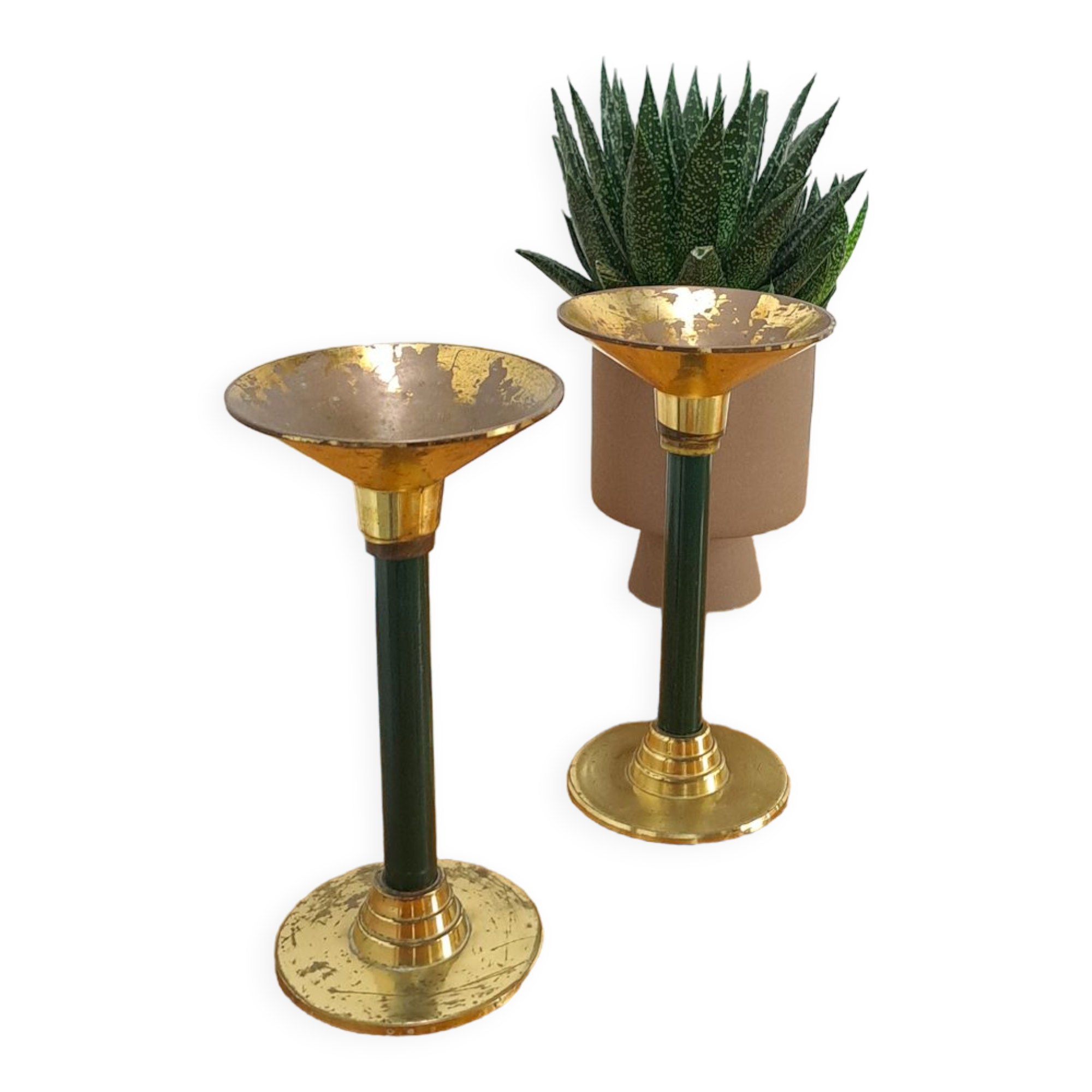 Brass candlesticks with dark green vintage