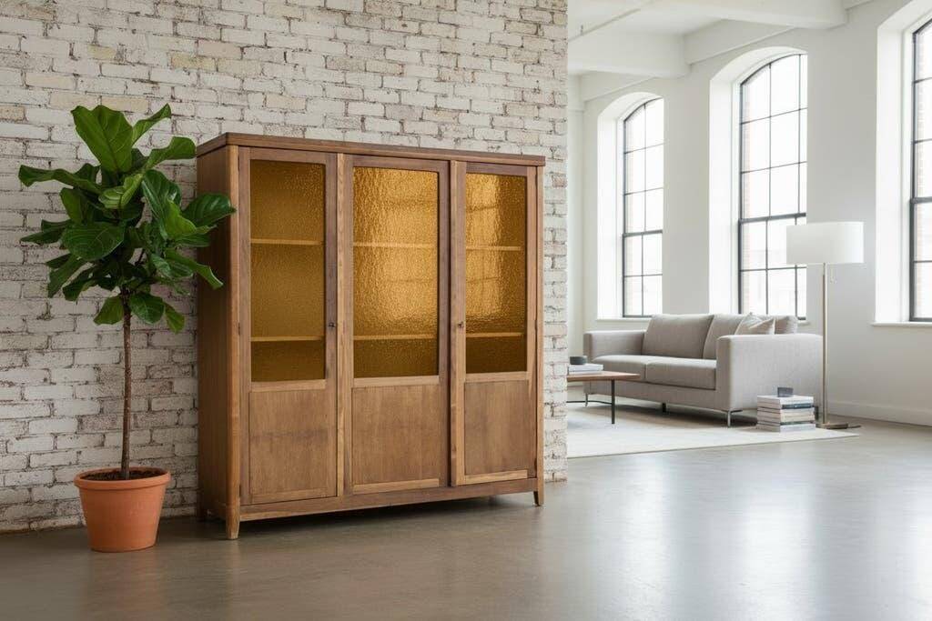 Vintage wooden display cabinet / wall cabinet with embossed yellow glass