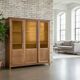 Vintage wooden display cabinet / wall cabinet with embossed yellow glass