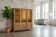 Vintage wooden display cabinet / wall cabinet with embossed yellow glass