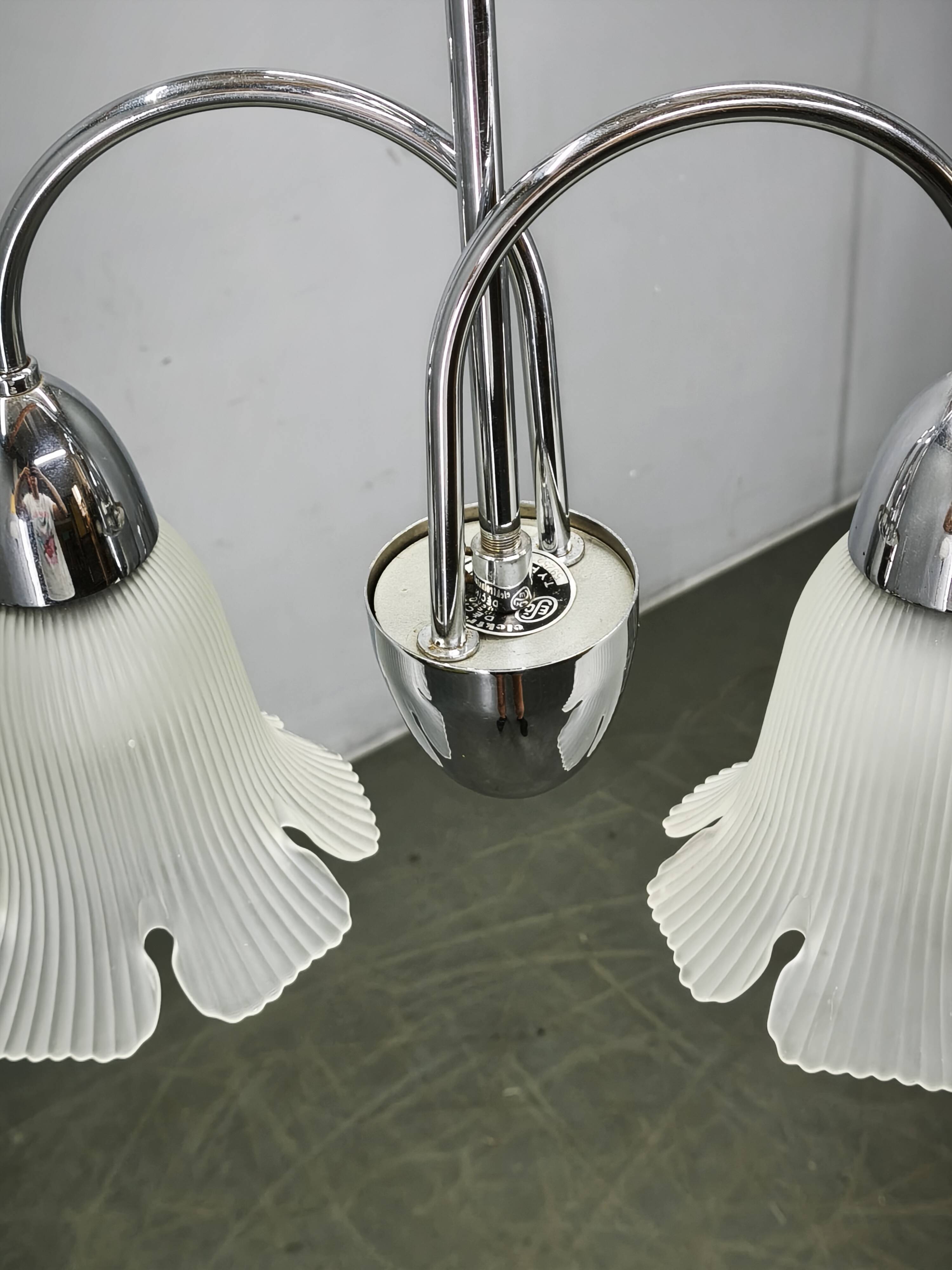 1950s Chrome and Floral Glass Chandelier by Elektroinstala Děčín