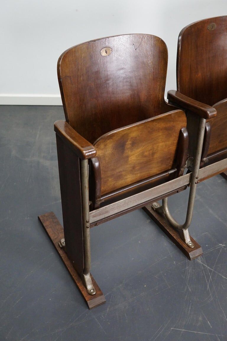 Vintage 4-seater cinema bench in metal and wood, Netherlands, 1930s