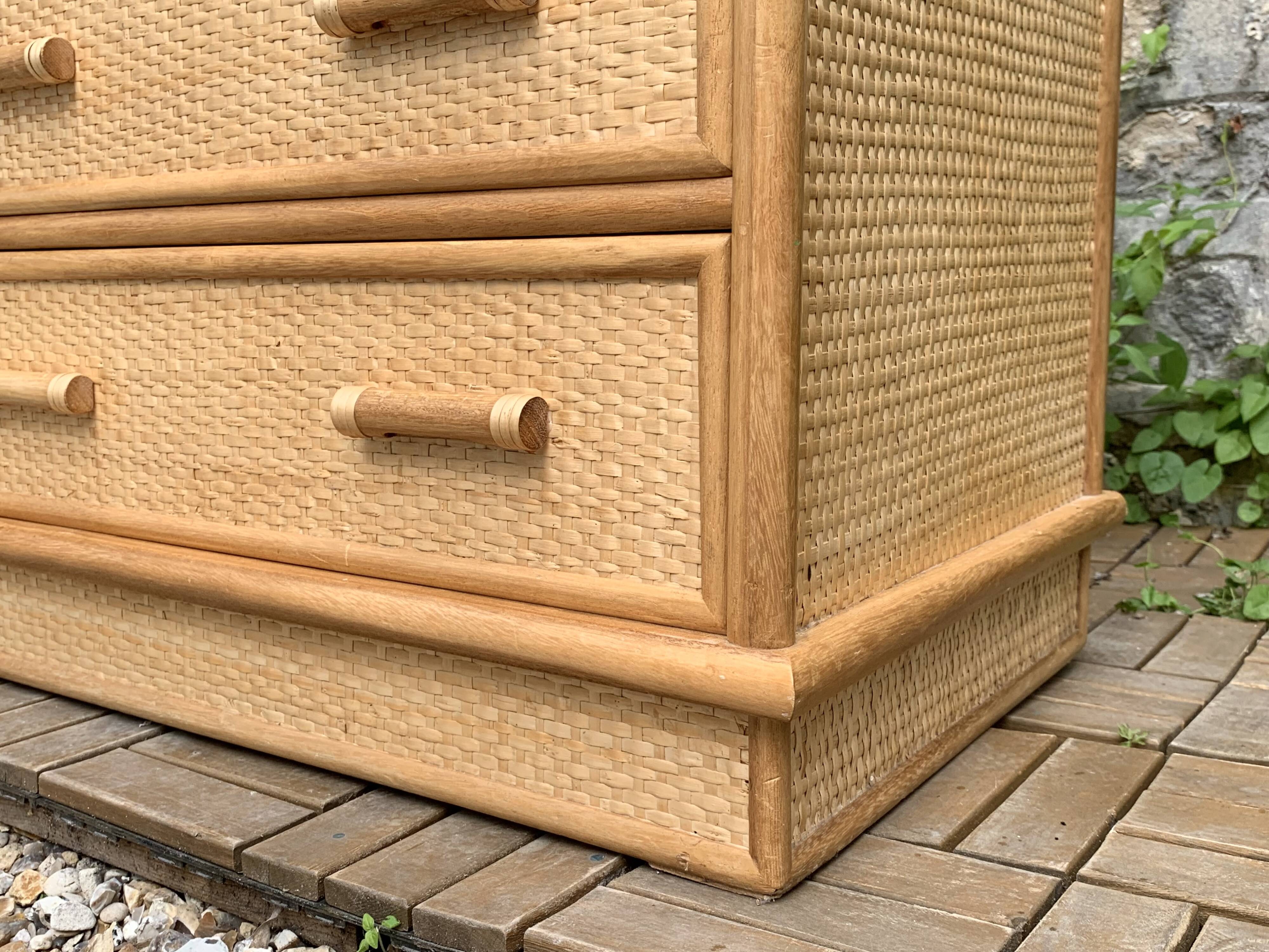 Rattan and woven wicker chest of drawers and mirror, 1970