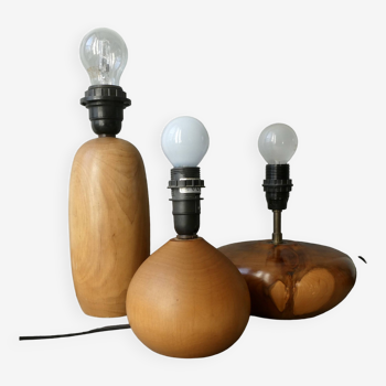 Trio de pieds de lampe en bois des années 70-80