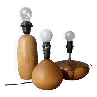 Trio de pieds de lampe en bois des années 70-80