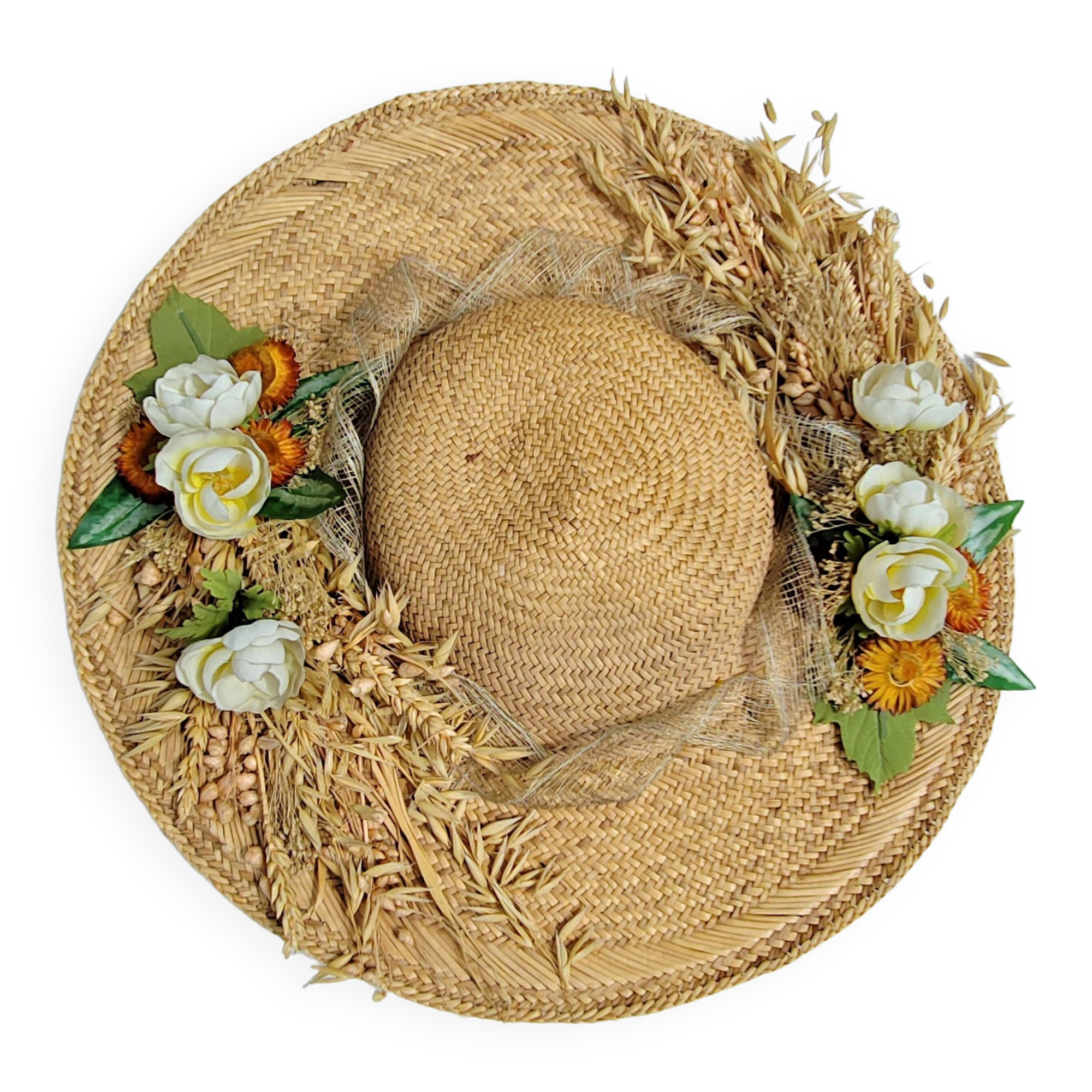 Decorative straw hat with dried flowers