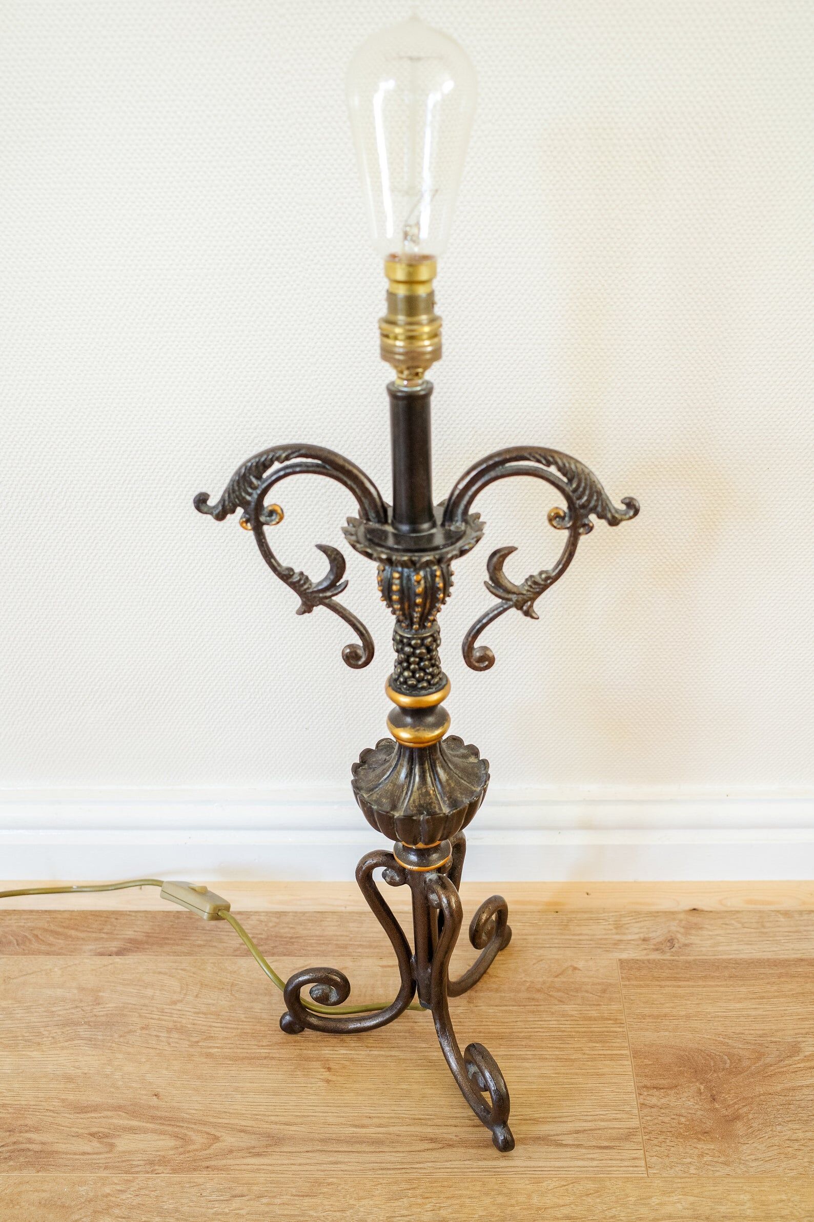 Vintage Large Black & Gold Iron Table Lamp Base, Antique 1950s Metal Bedside Lamp