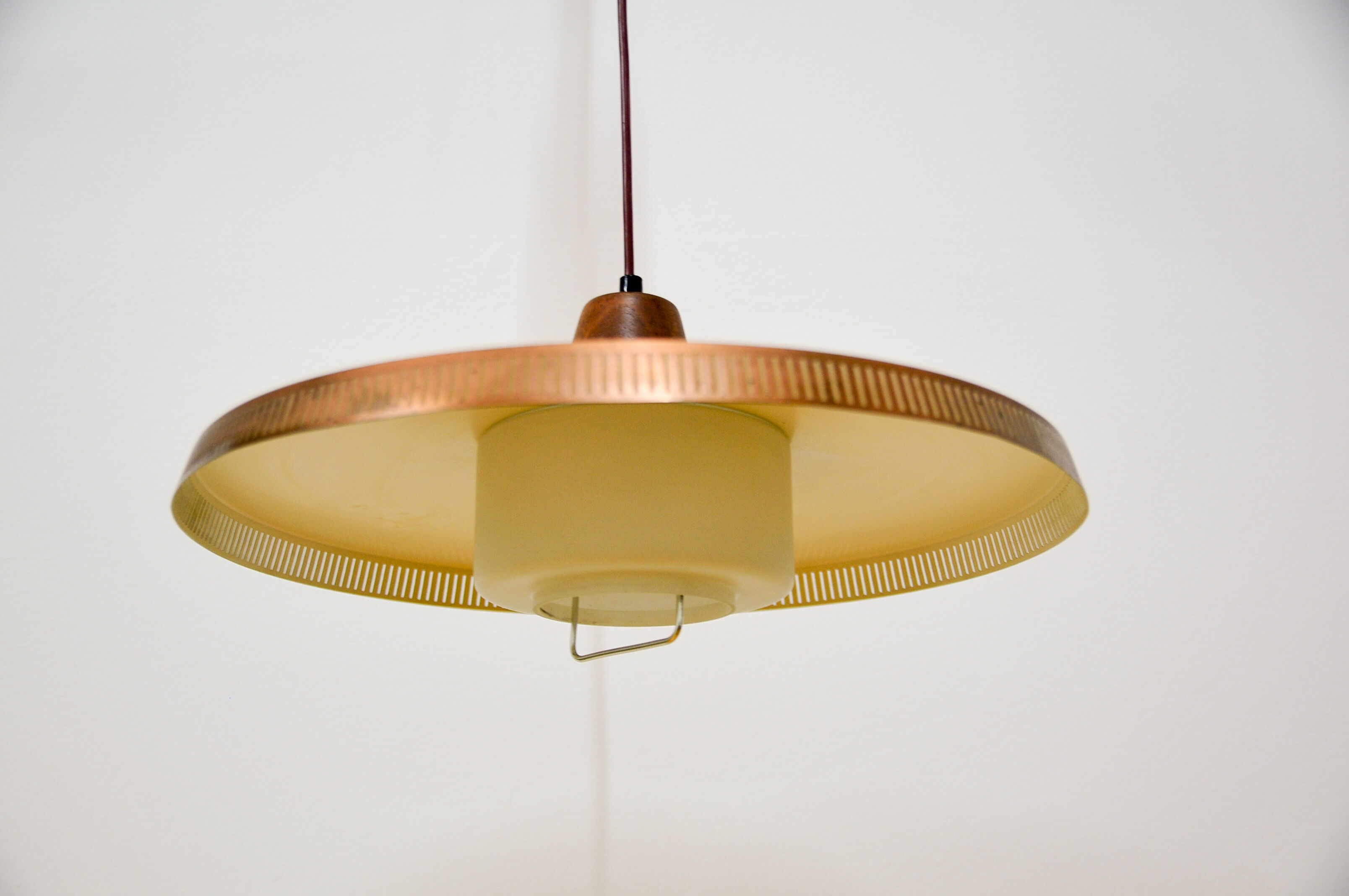 Copper milk glass & teak hanging lamp Bernt Karlby for Lyfa