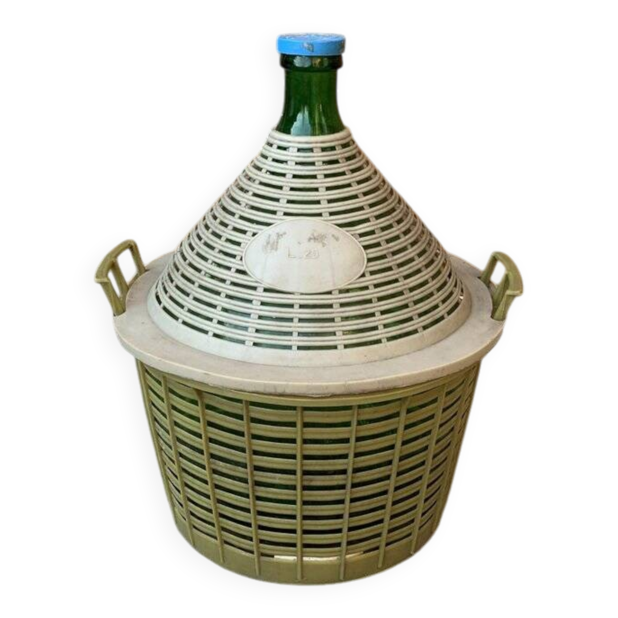 Large green glass lady-Jeanne in a khaki plastic basket, mid-century style.