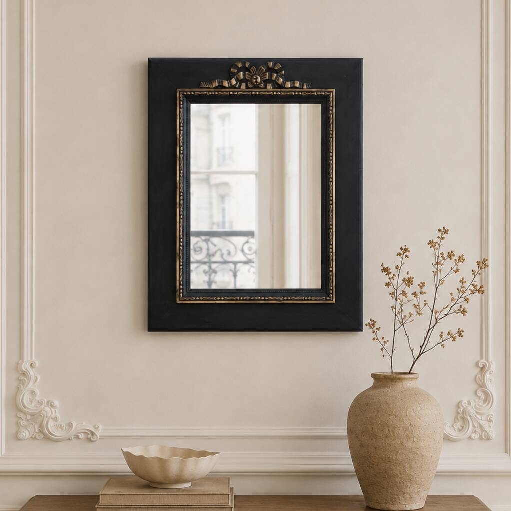 Vintage black and gold wooden mirror with a pediment – Napoléon III style