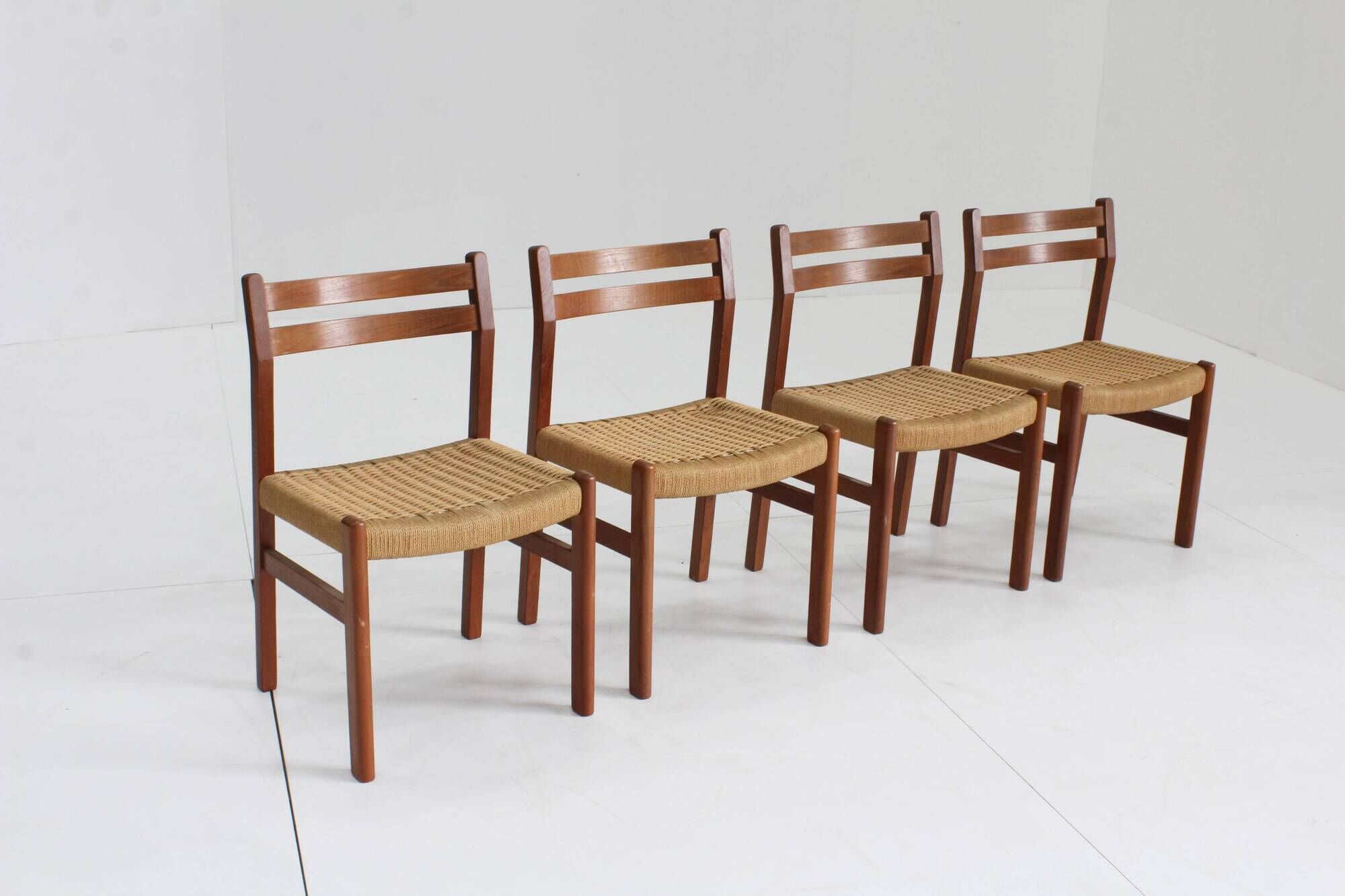 Mid Century Danish teak and paper cord dining chairs 1960s , set of 4