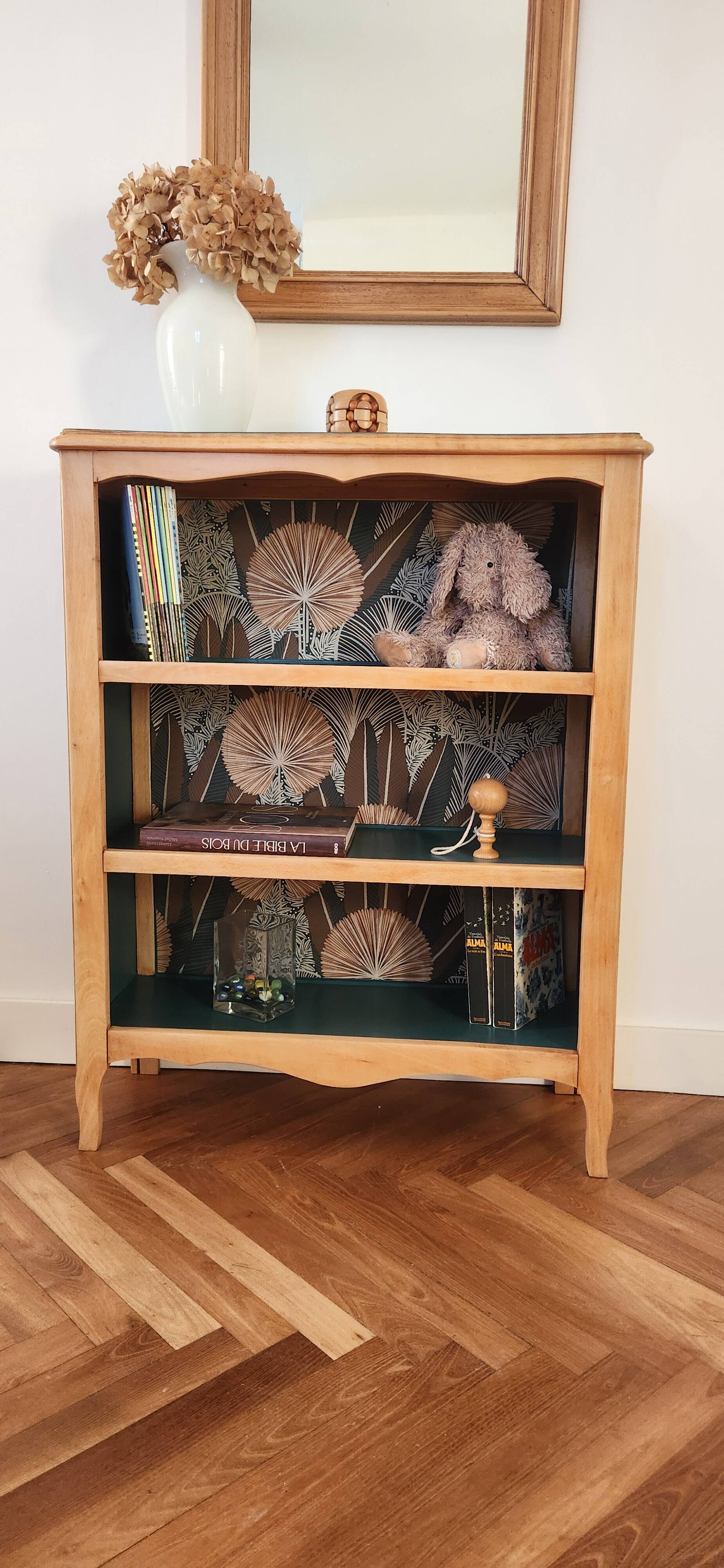 Renovated green cedar wood bookshelf