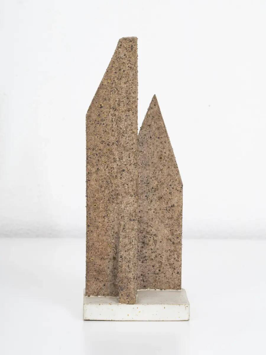 Bruno Gambone signed stoneware sculpture, geometric shape, terracotta finish, 1990