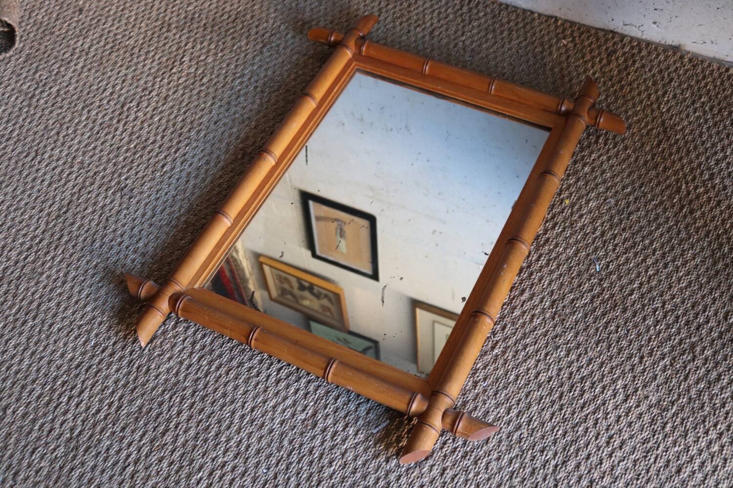 Antique cross mirror, turned wood, bamboo style