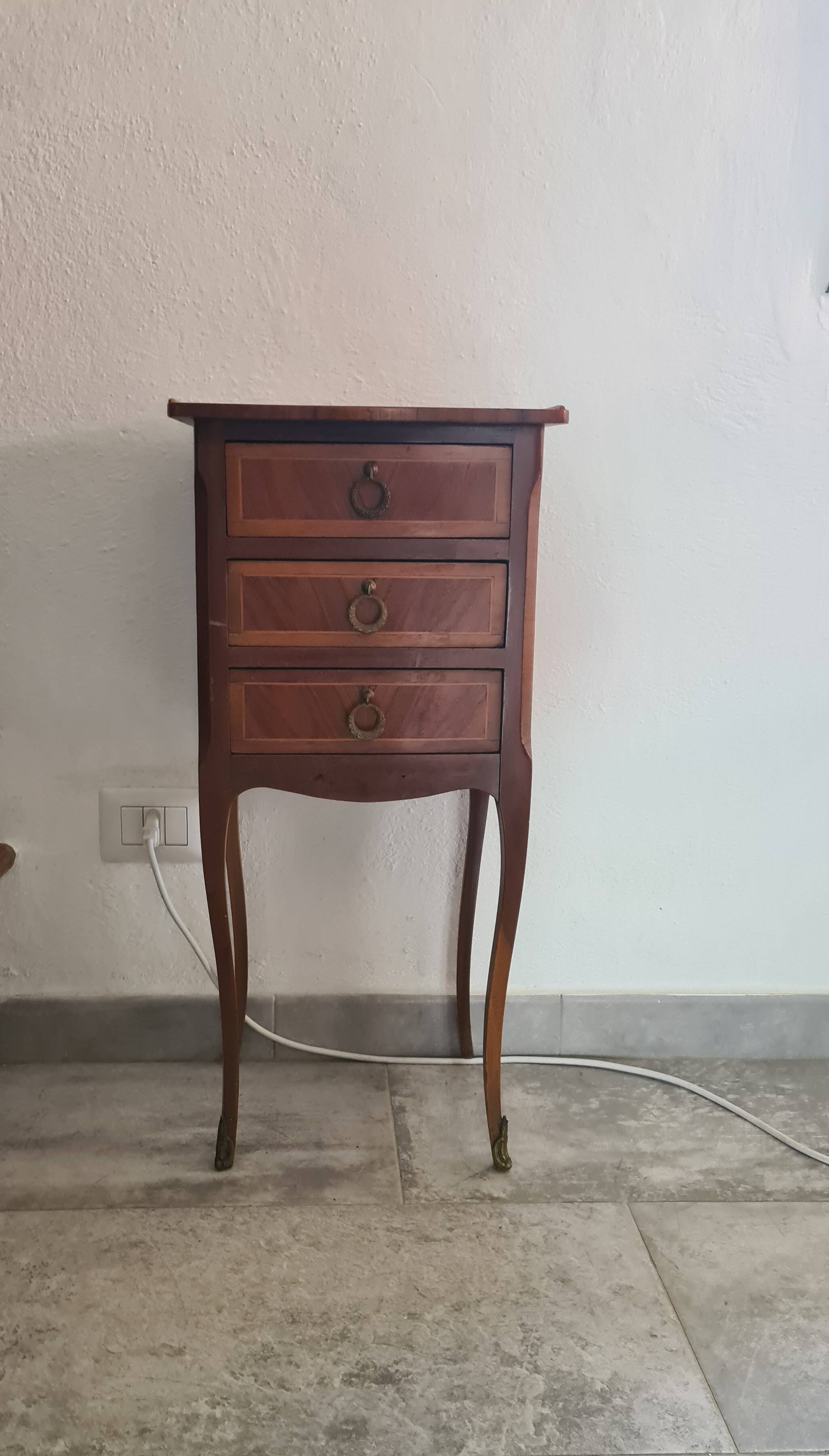 Vintage Italian Louis XV Style Side Table with 3 Drawers – Inlaid Wood & Br