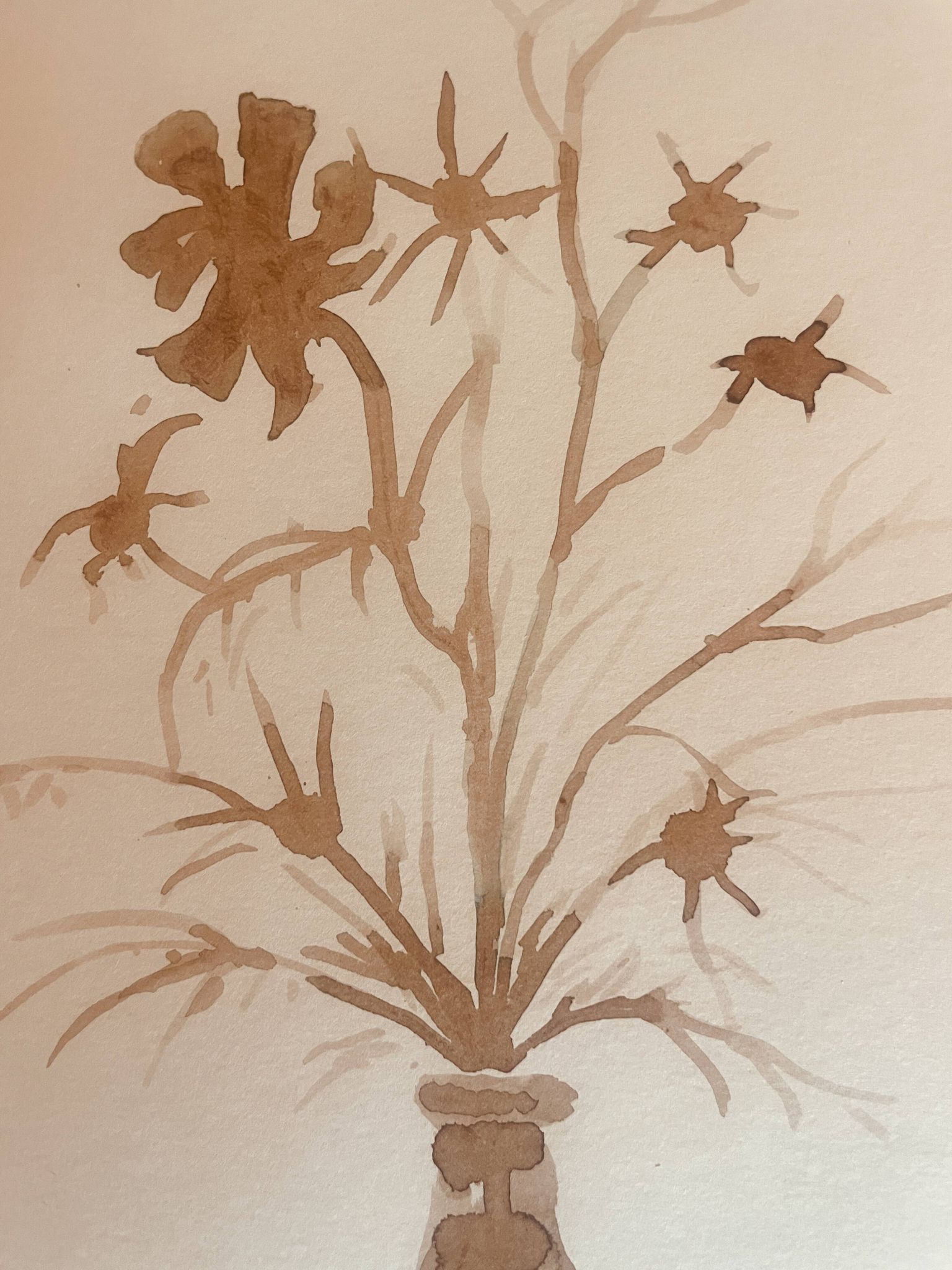 Tableau, nature morte monochrome sépia « fleurs séchées », signé