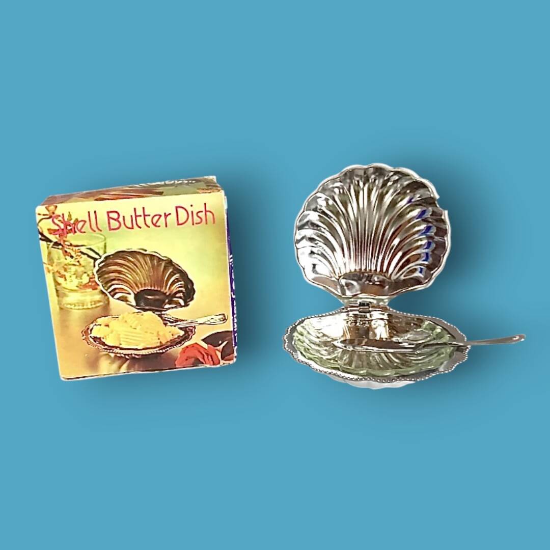 Vintage stainless steel and glass shell butter dish with knife - in its box