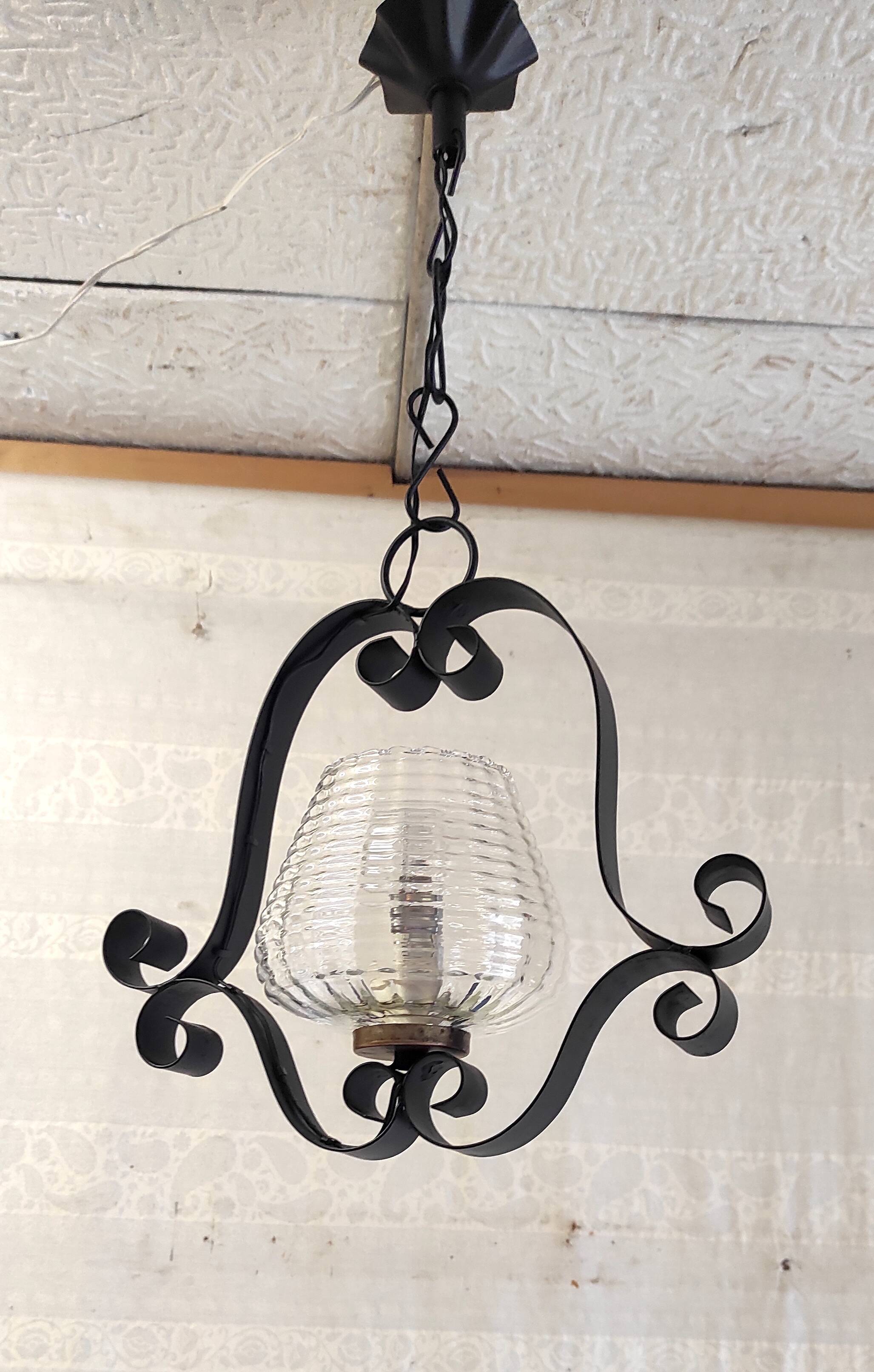 Vintage metal and glass pendant light - mid-20th century