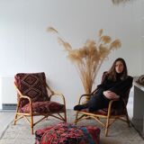 Set of 2 vintage armchairs 90s bamboo, with kilim cushions handmade on mesu