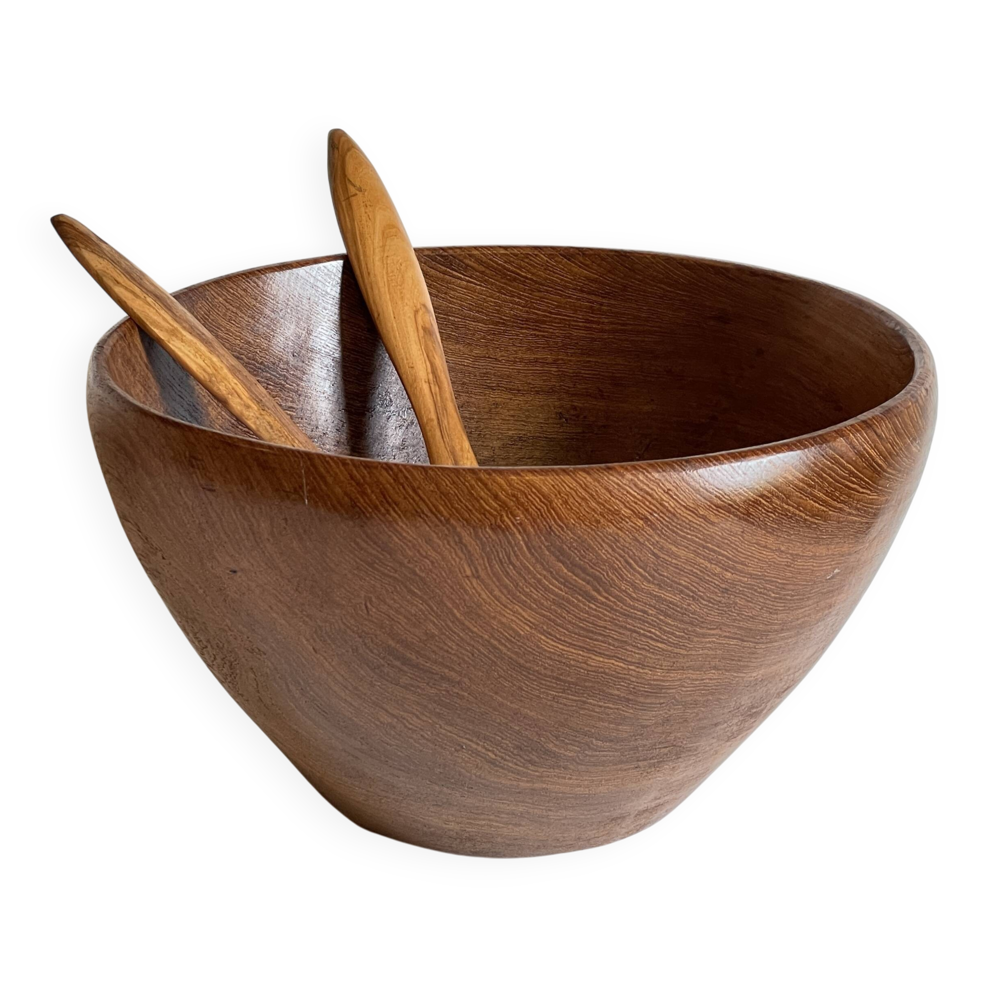 Scandinavian salad bowl in solid teak and cutlery