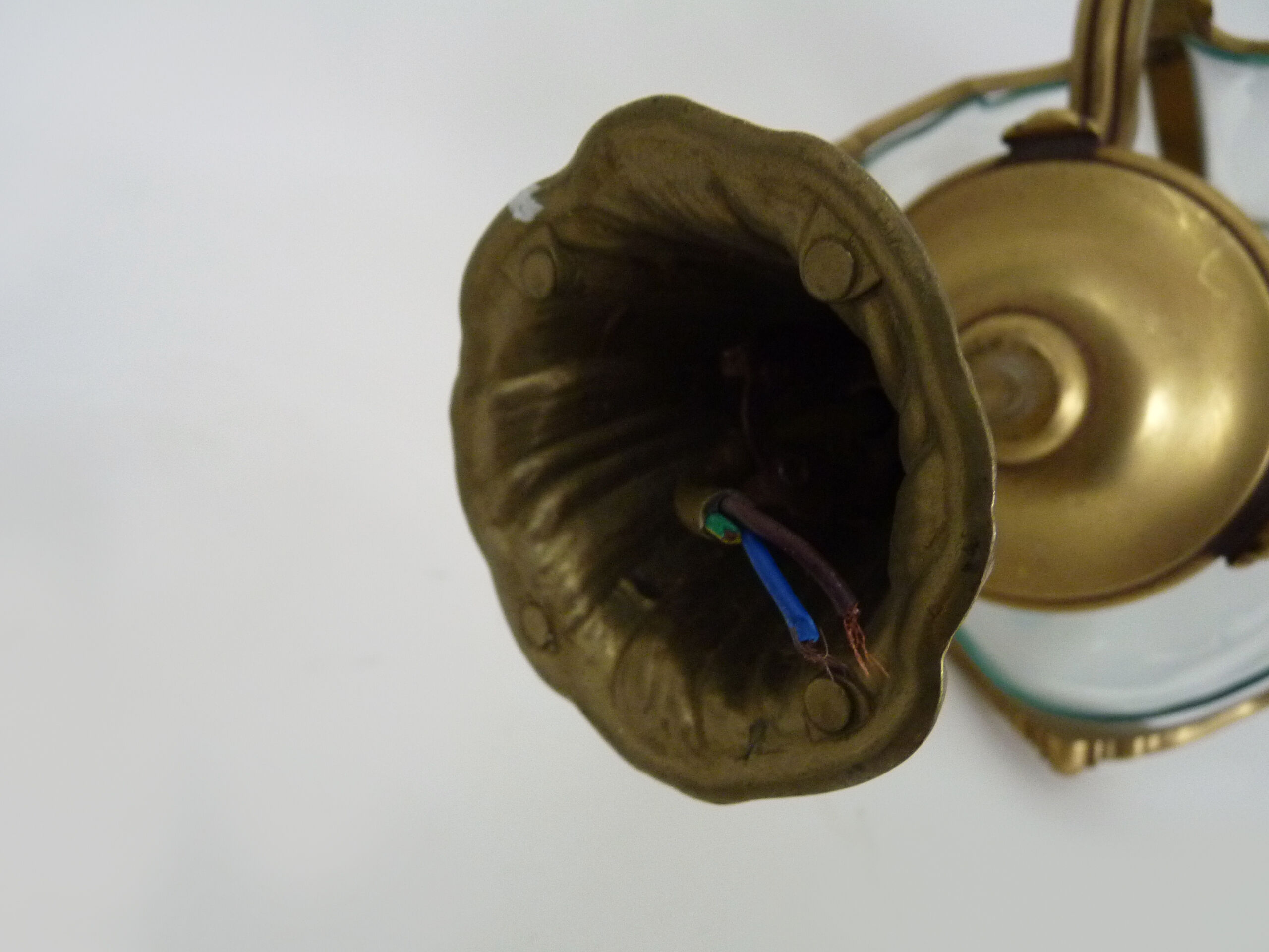 Old lantern with 3 faces, chandelier in gilded bronze and curved glass. Year 60