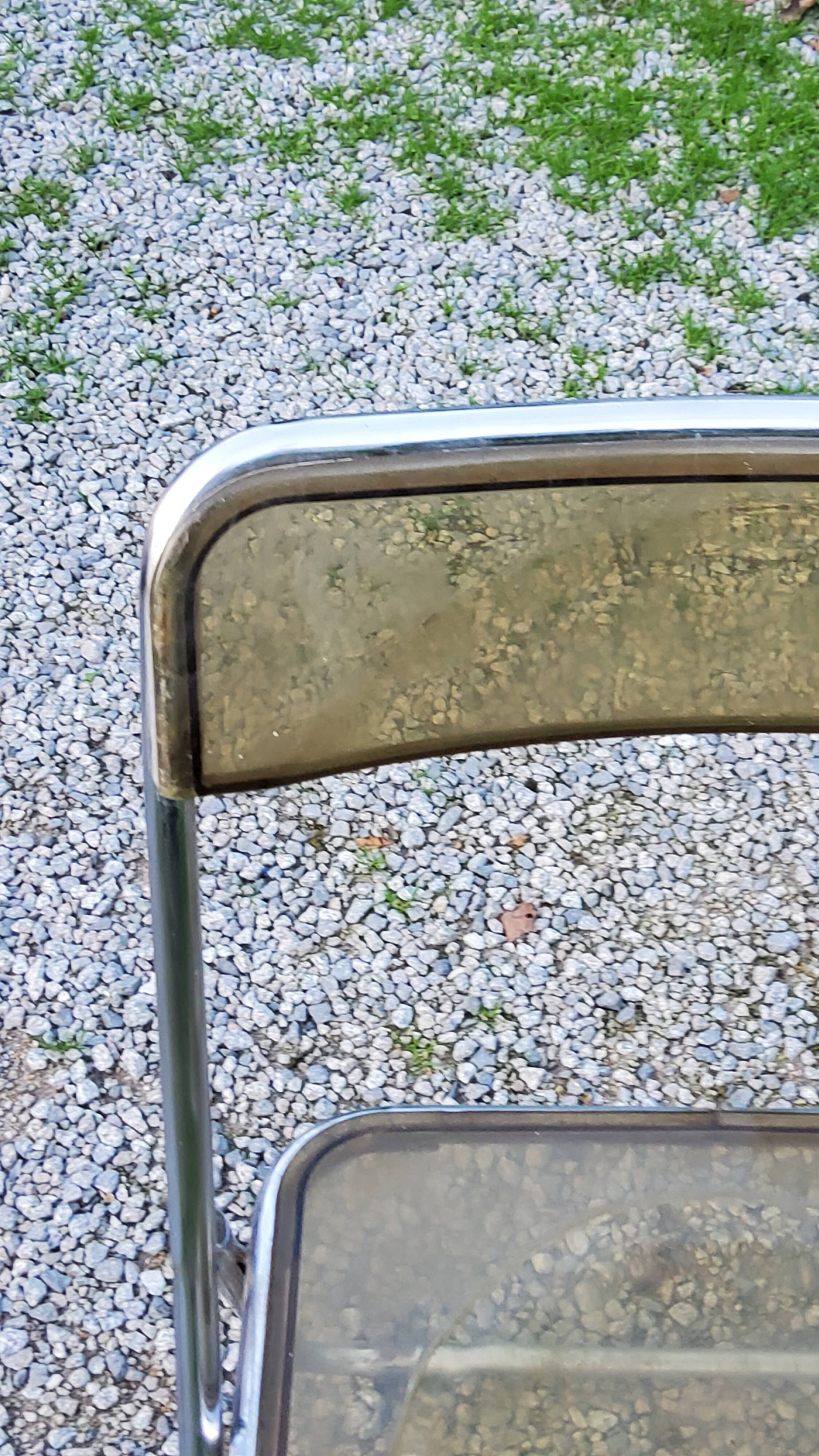 Set of 4 70s design folding chairs in smoked plexiglass and chrome metal
