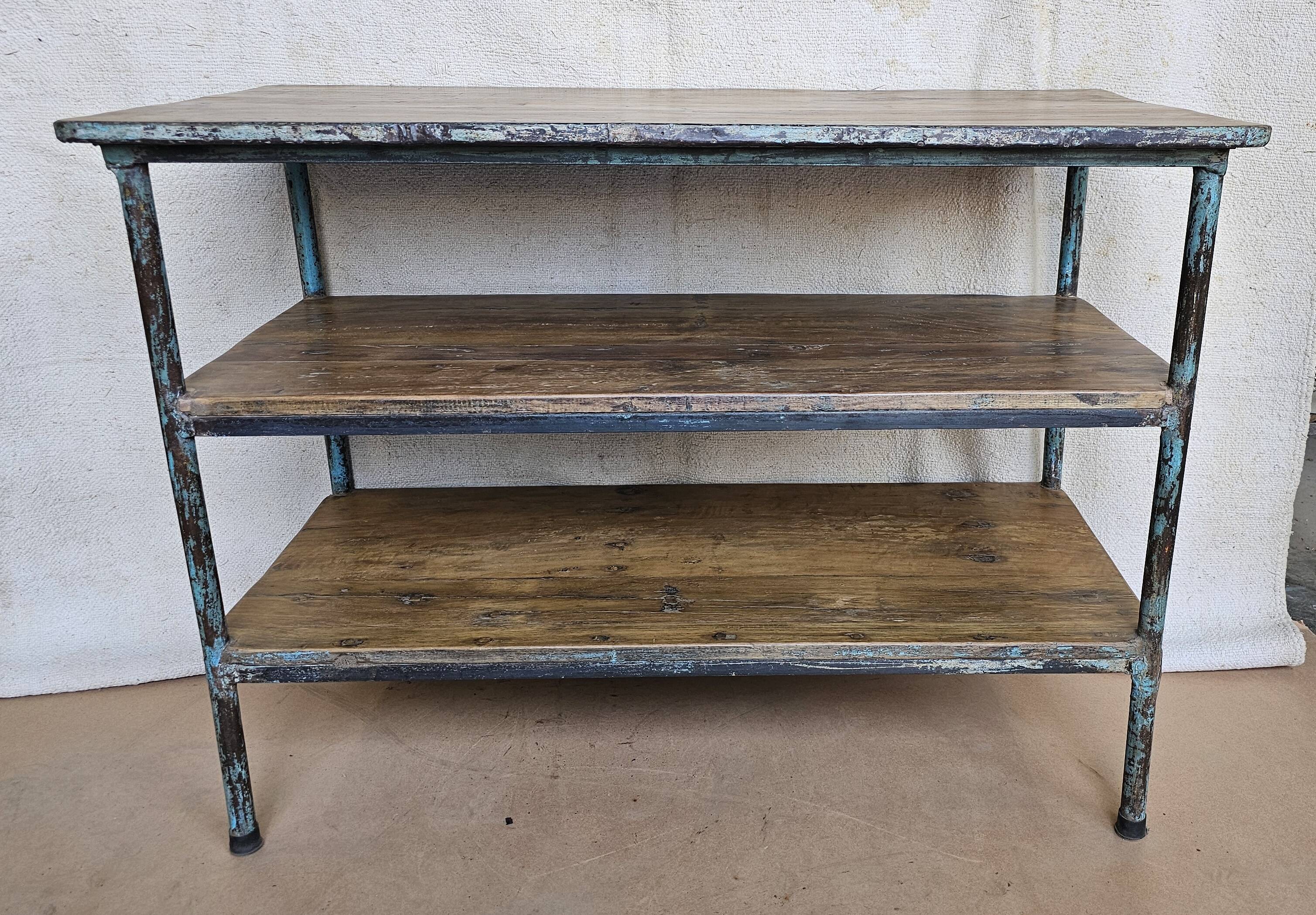 Textile workshop console in teak and wrought iron