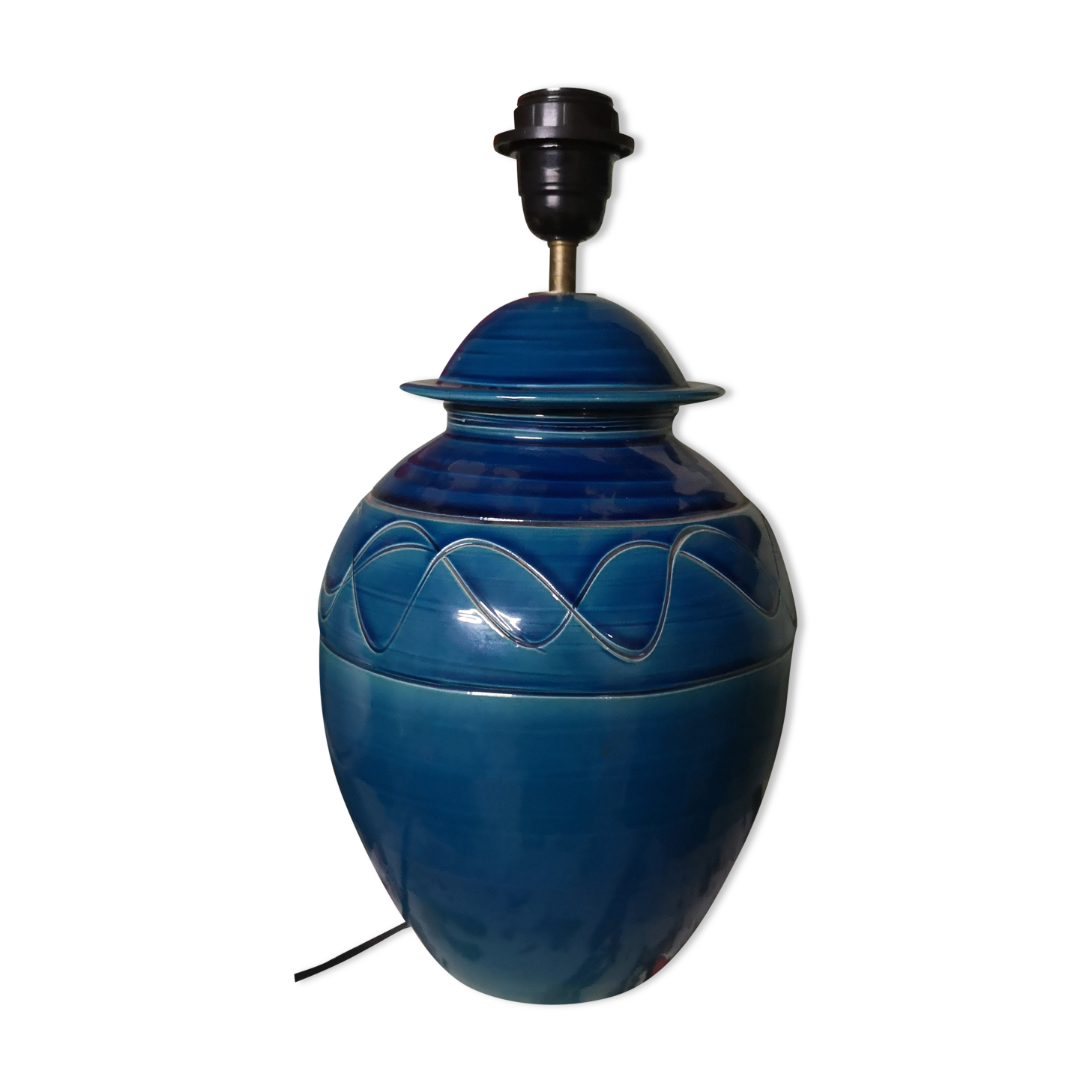 Old blue ceramic lamp signed jeay