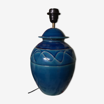 Pied de lampe ancienne en céramique bleu signée jeay