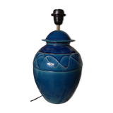 Pied de lampe ancienne en céramique bleu signée jeay