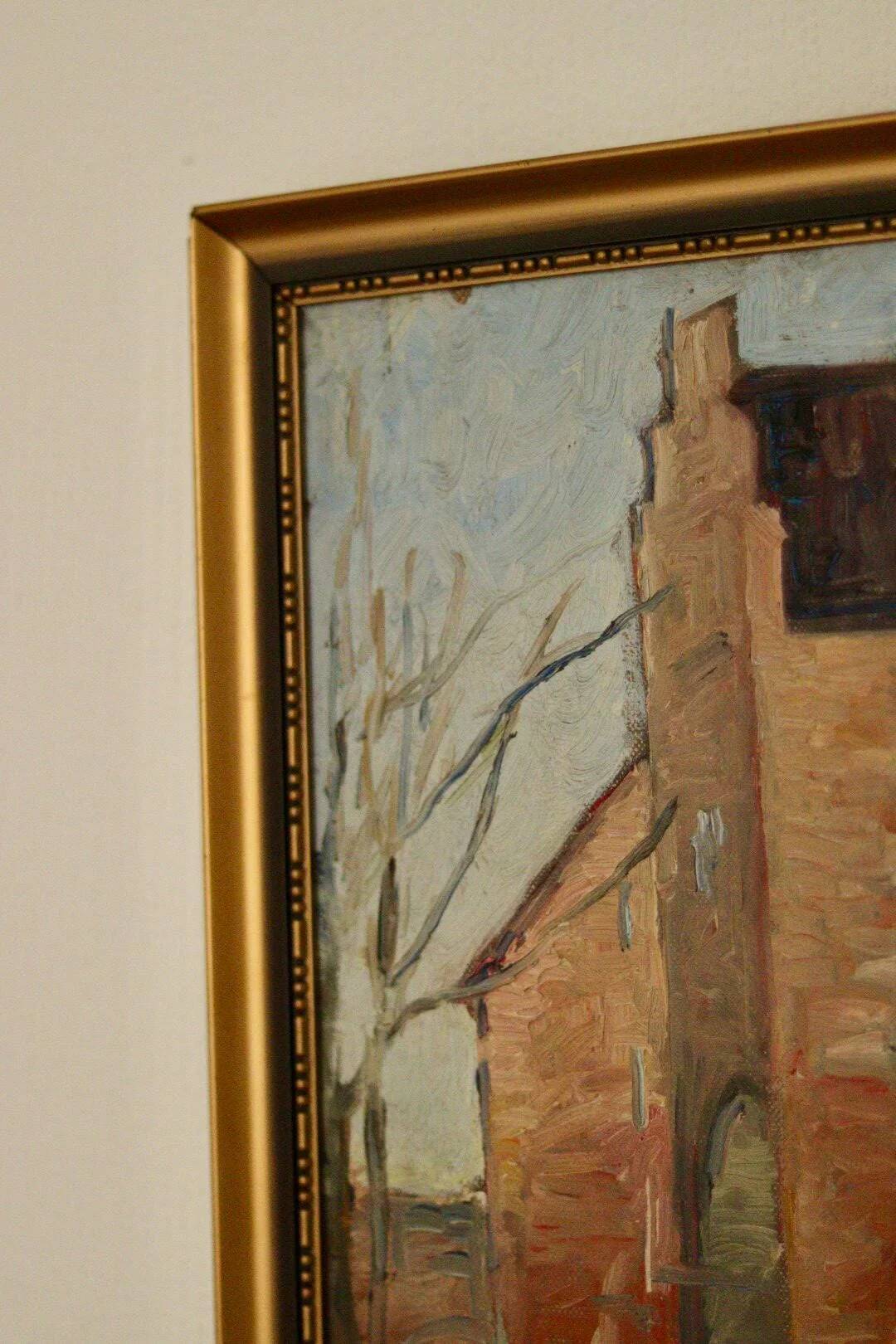 Original European oil on panel – construction scene