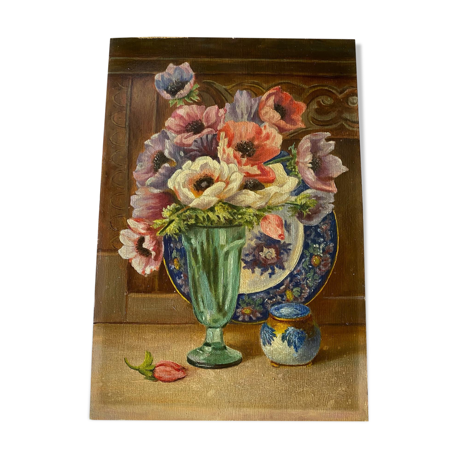 Huile sur carton « bouquet d’anémones »