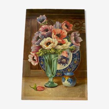 Oil on cardboard "bouquet of anemones"
