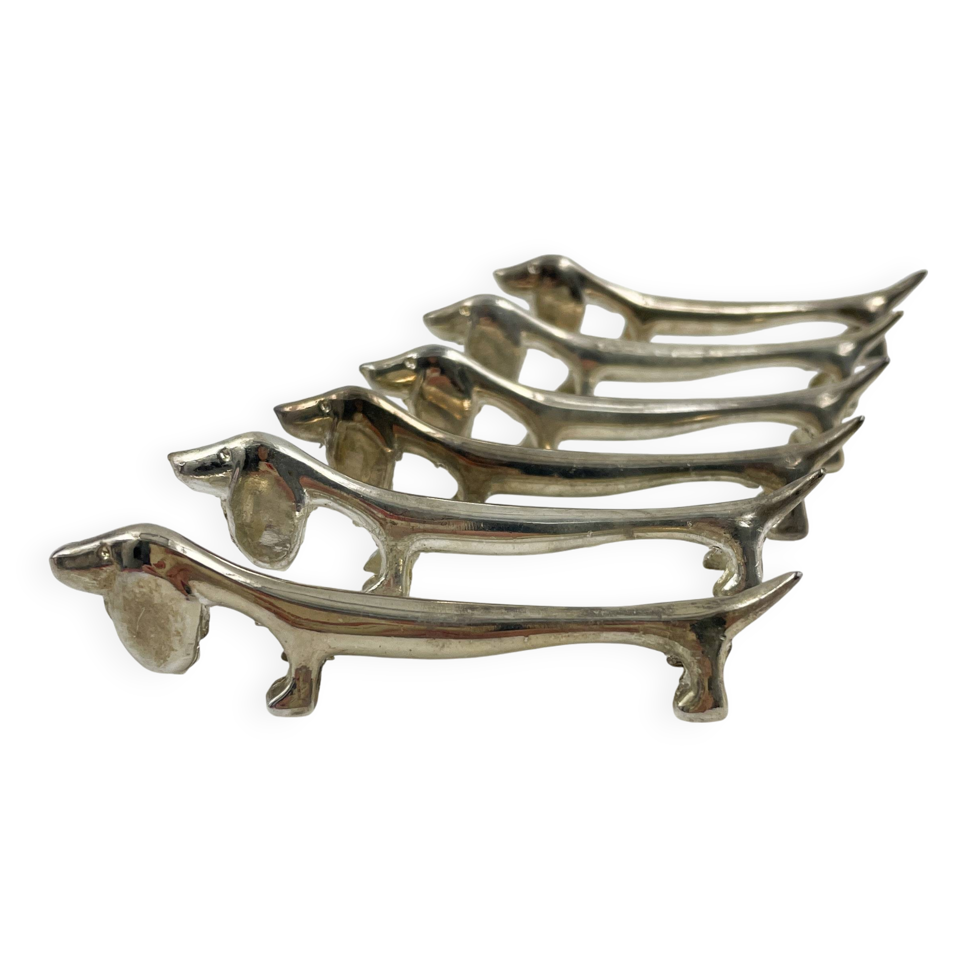 Set of 6 silver metal Dachshund knife holders, 1970s
