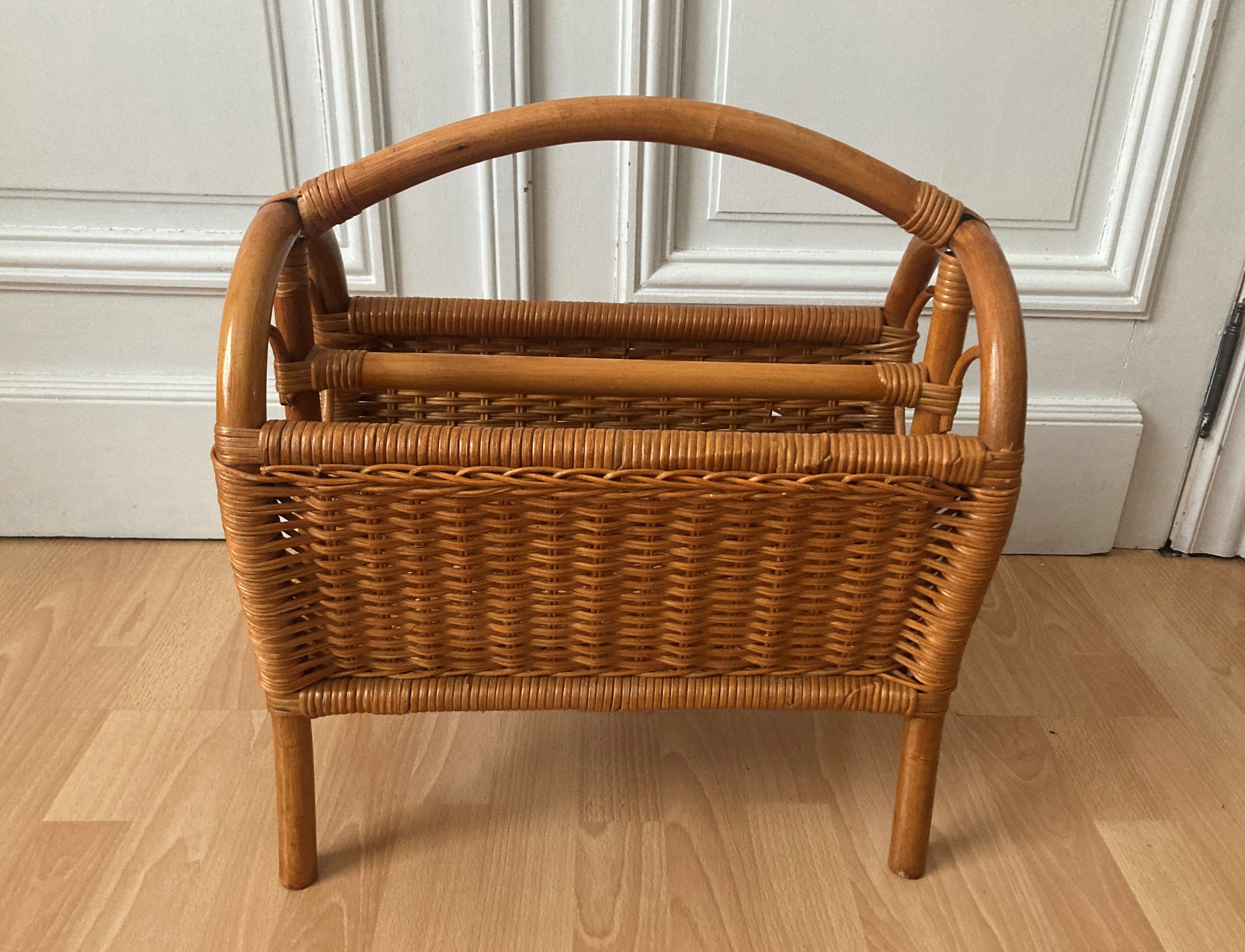 Vintage bamboo rattan magazine holder 70s
